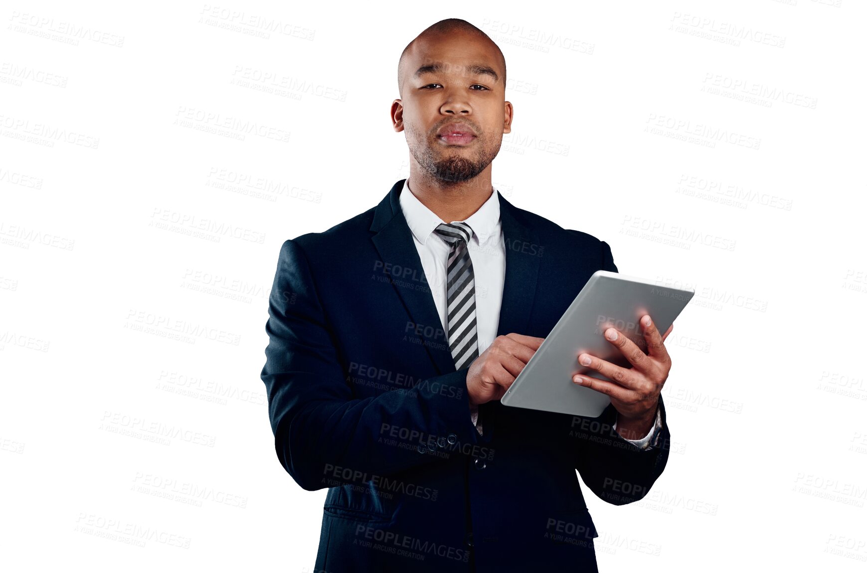 Buy stock photo Businessman with suit, tablet and portrait isolated on transparent png background for law firm email. Networking, digital app and black man, lawyer or attorney with online business, website or search