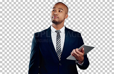 Buy stock photo Businessman with suit, tablet and thinking isolated on transparent png background at law firm. Networking, digital app and black man, lawyer or attorney at online business, website or internet search