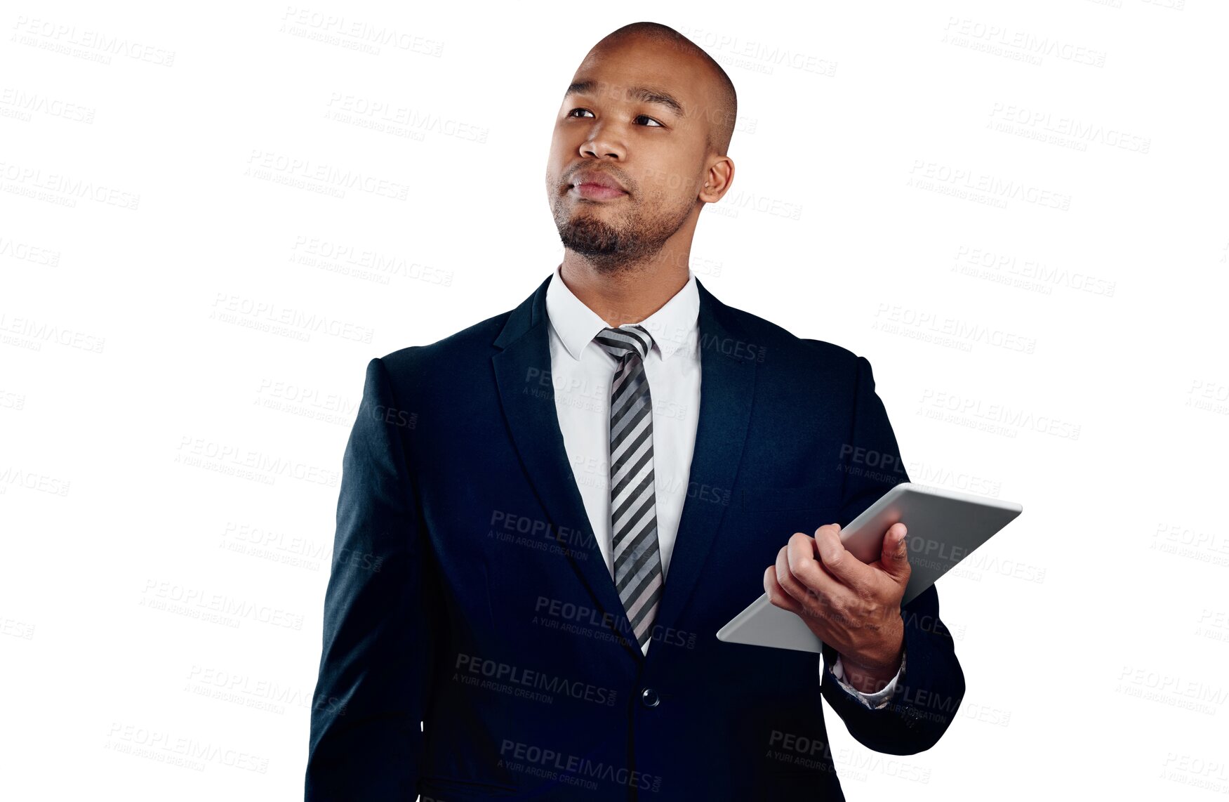 Buy stock photo Businessman with suit, tablet and thinking isolated on transparent png background at law firm. Networking, digital app and black man, lawyer or attorney at online business, website or internet search
