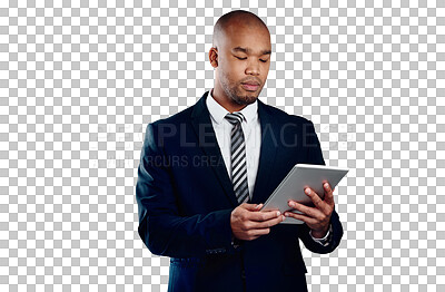Buy stock photo Businessman with tablet, reading email and isolated on transparent png background for law firm schedule. Networking, digital app and black man, lawyer or attorney at online business, web or search.