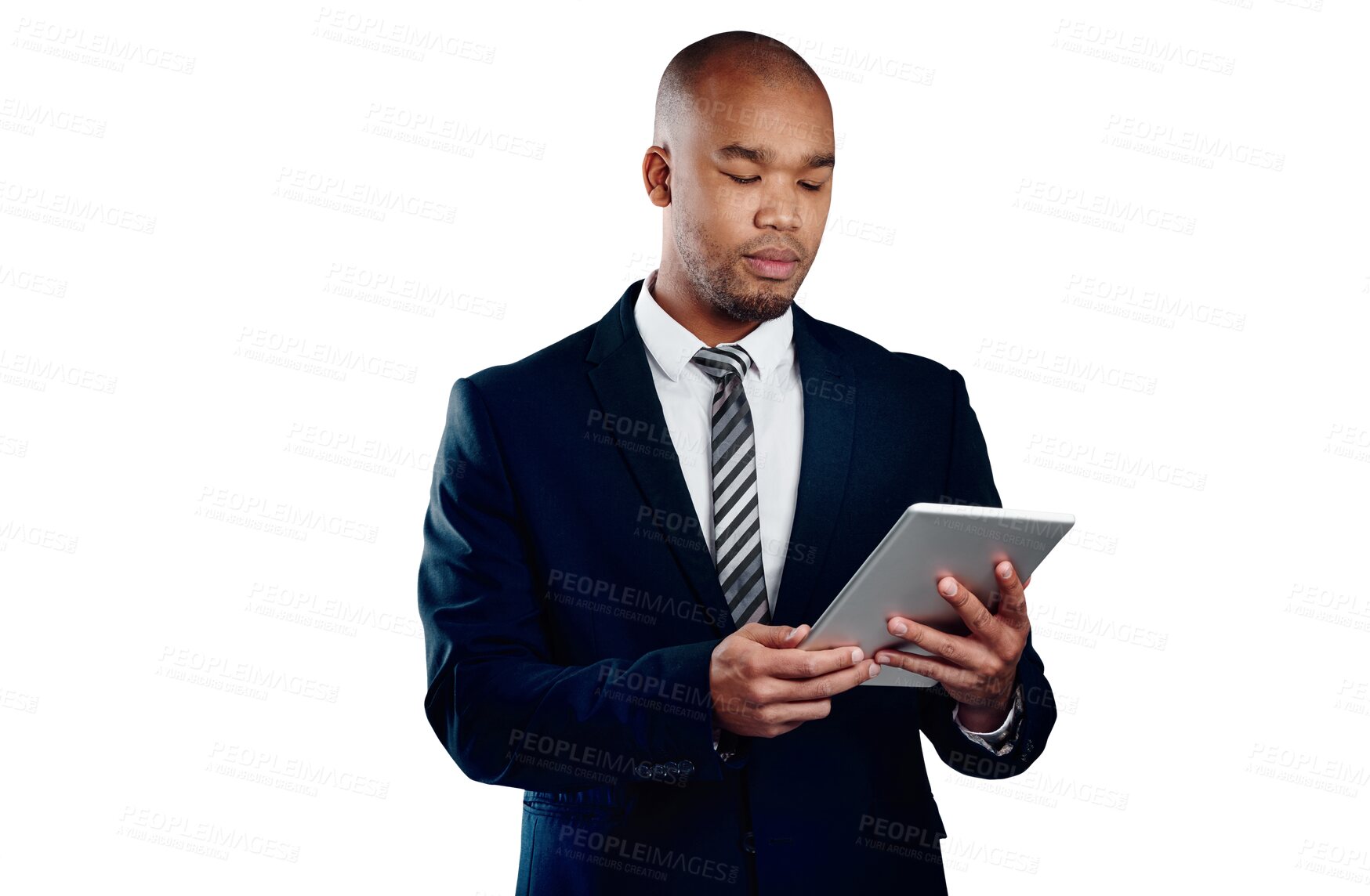 Buy stock photo Businessman with tablet, reading email and isolated on transparent png background for law firm schedule. Networking, digital app and black man, lawyer or attorney at online business, web or search.