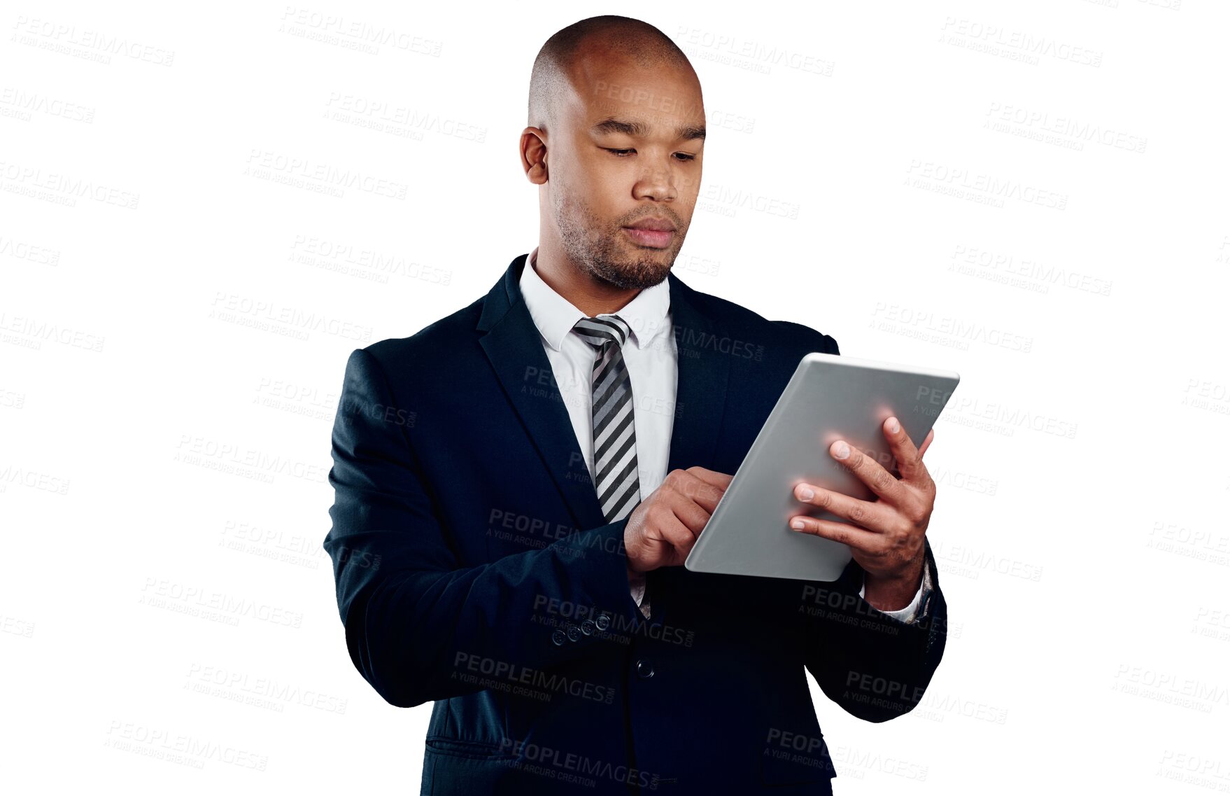 Buy stock photo Businessman with suit, tablet and reading isolated on transparent png background for law firm email. Networking, digital app and black man, lawyer or attorney with online business, website or search.
