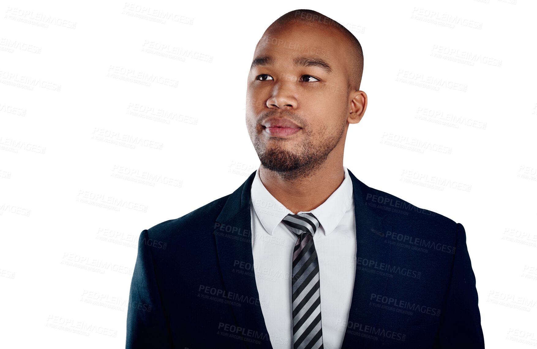 Buy stock photo Serious businessman with confidence, thinking and isolated on transparent png background at law firm. Work, job ideas and face of black man, lawyer or attorney with business, opportunity or career.