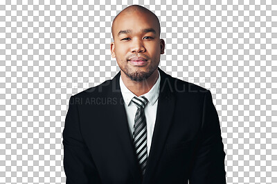 Buy stock photo Portrait of businessman with suit, smile and isolated on transparent png background for job at law firm. Relax, confidence and black man, lawyer or attorney with pride, business opportunity or career