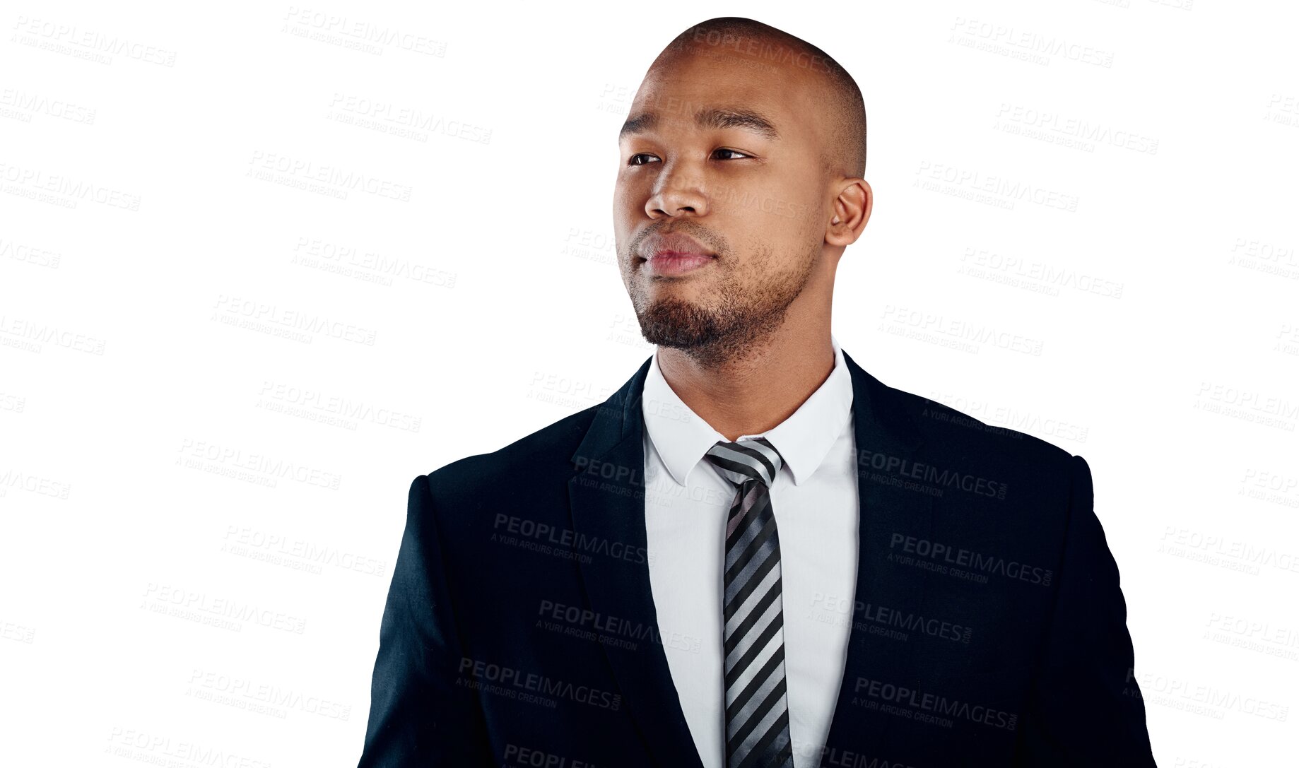 Buy stock photo Business, thinking and black man with fashion on isolated, transparent or png background. Corporate, suit and face of male young African entrepreneur with question, memory or brainstorming moment