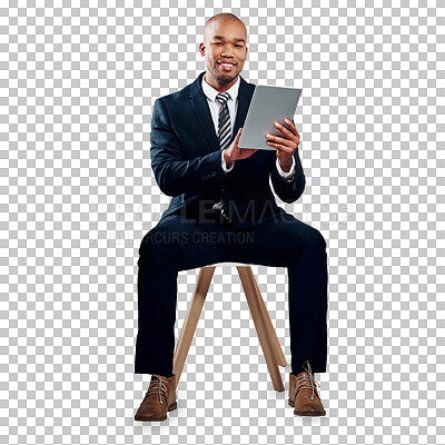 Buy stock photo Black man, tablet and typing for networking, communication and isolated on transparent png background. Internet, check budget and smile for business statistics, consulting and corporate accountant

