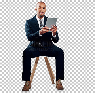 Buy stock photo Businessman, tablet and typing for networking, communication and isolated on transparent png background. Internet, check budget and smile for business statistics, consulting and corporate accountant
