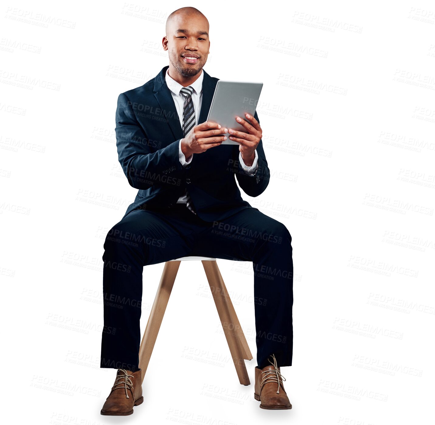 Buy stock photo Businessman, tablet and typing for networking, communication and isolated on transparent png background. Internet, check budget and smile for business statistics, consulting and corporate accountant
