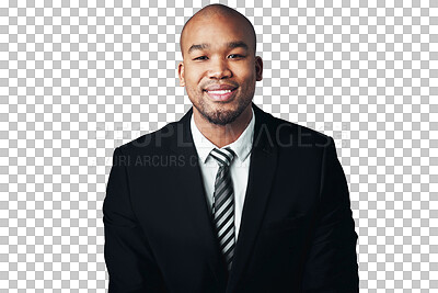 Buy stock photo Portrait of black man with suit, smile and isolated on transparent png background for job at law firm. Relax, confidence and businessman, lawyer or attorney with pride, business opportunity or career