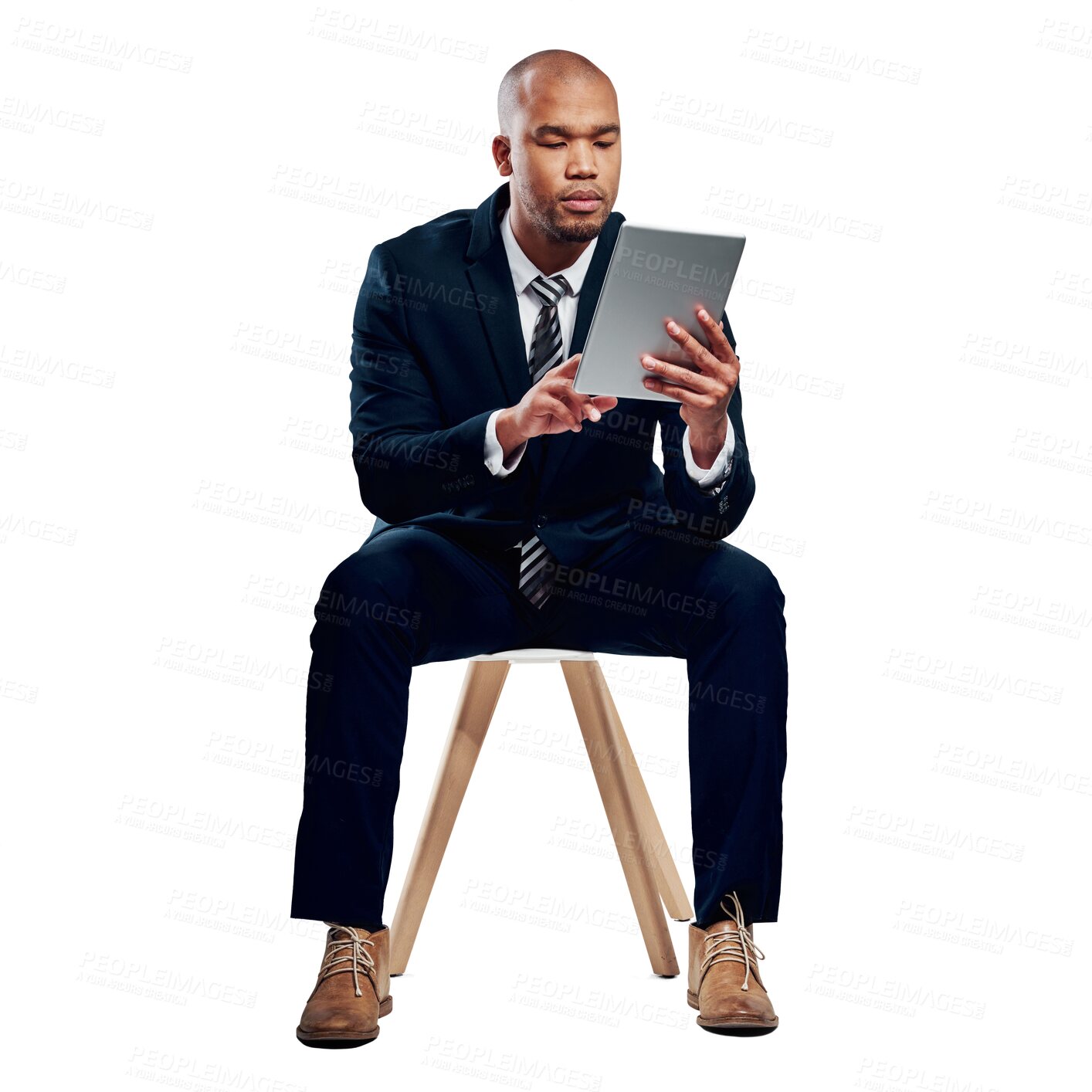 Buy stock photo Black man, tablet and checking business communication for startup and isolated on transparent png background. Internet, businessman and serious for emails, consulting and corporate accountant
