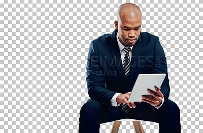 Buy stock photo Businessman, tablet and serious for email communication and isolated on transparent png background. Digital, check budget and wireless for business statistics, technology and corporate accountant
