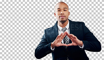 Buy stock photo Business, portrait and black man with hand gesture, triangle or shape on isolated, transparent or png background. Face, sign and entrepreneur with frame palm for dynamic, force or creation power pose