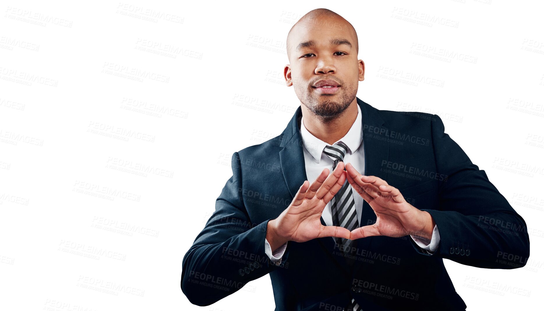 Buy stock photo Business, portrait and black man with hand gesture, triangle or shape on isolated, transparent or png background. Face, sign and entrepreneur with frame palm for dynamic, force or creation power pose