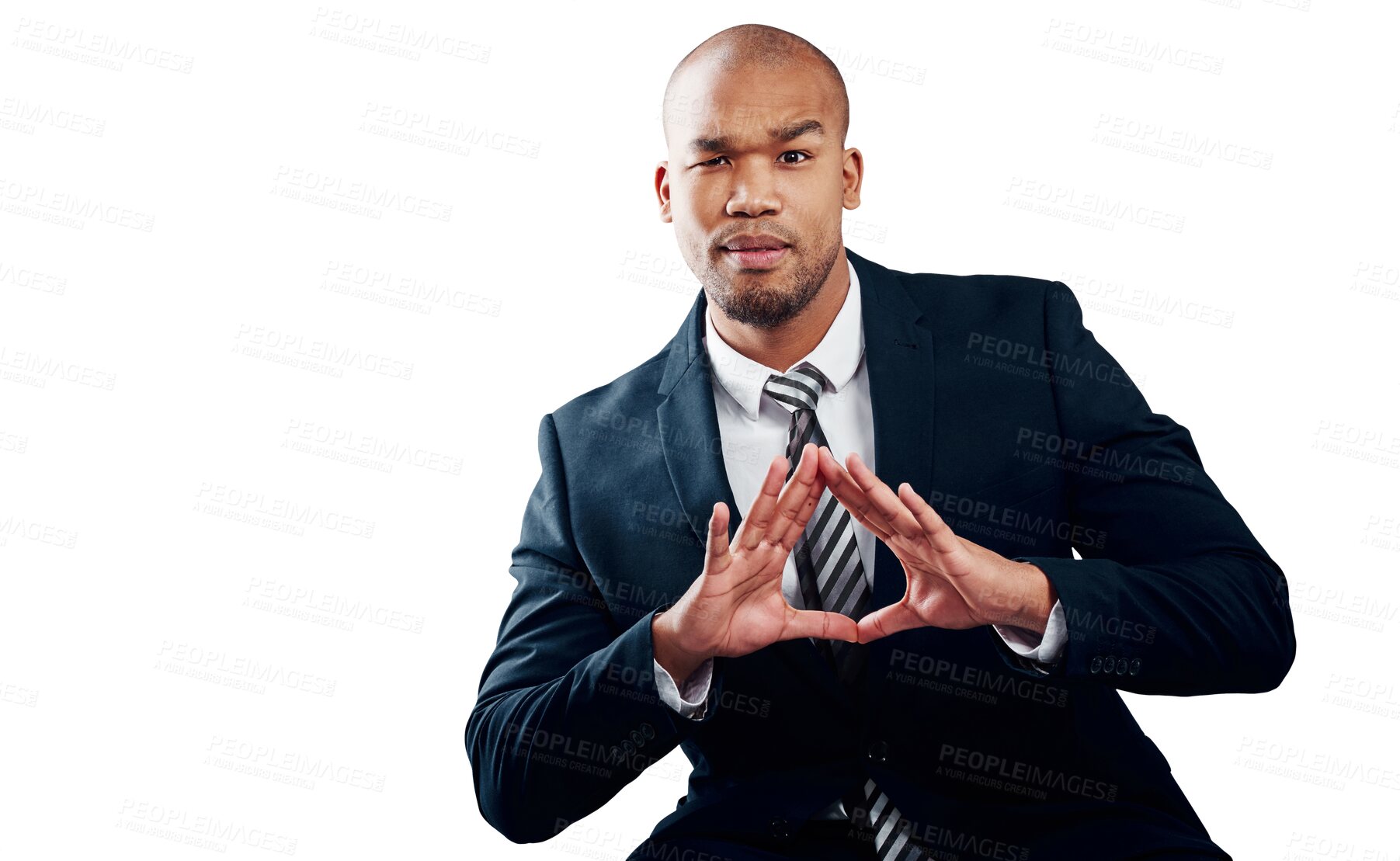 Buy stock photo Hand, business man and triangle gesture in portrait isolated on a transparent png background. Person frame fingers in pyramid sign, confident professional consultant and face of employee with shape