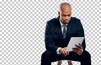 Buy stock photo Tech, research and business man on chair, typing on internet or networking on app. Digital tablet, serious professional or consultant reading email on website isolated on a transparent png background