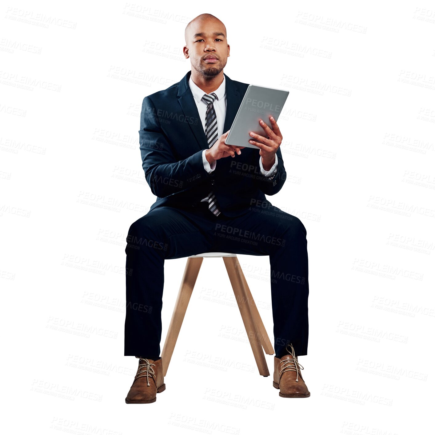Buy stock photo Black man, tablet and typing for networking, communication and isolated on transparent png background. Internet, check budget and serious for business statistics, consulting and corporate accountant
