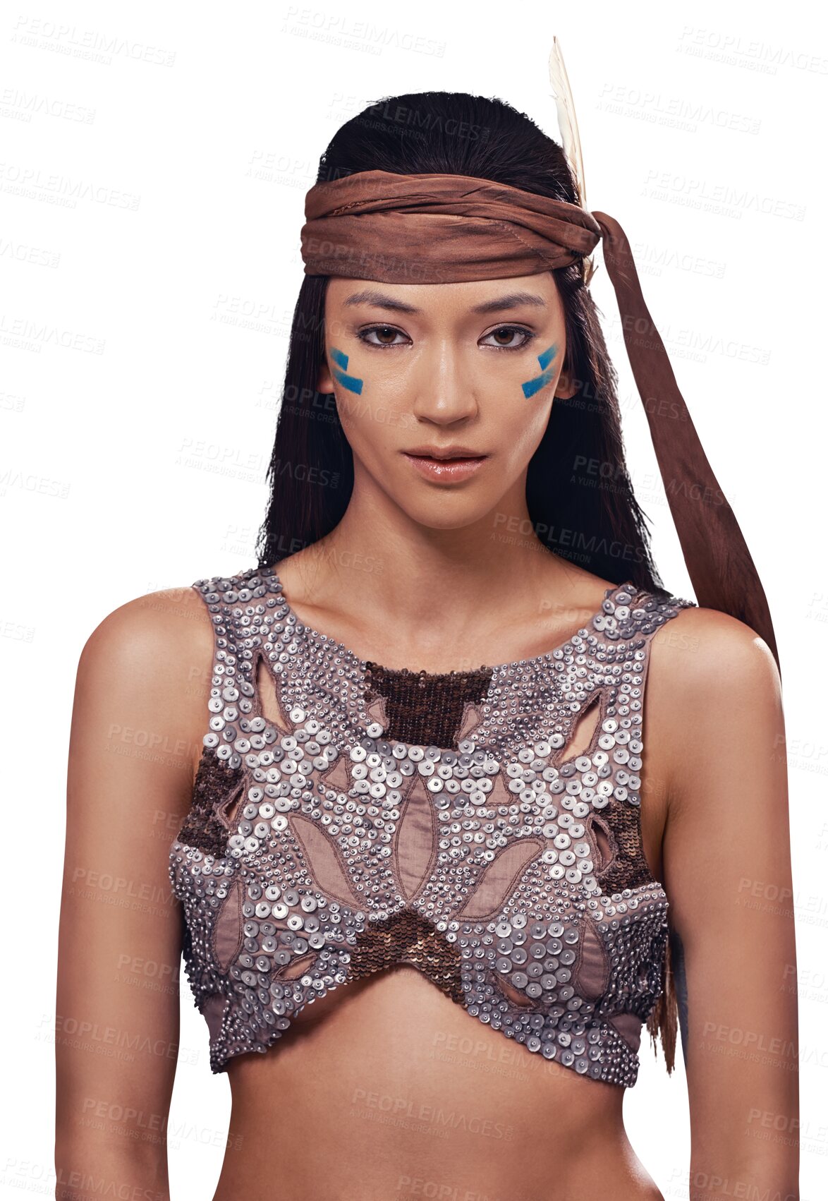 Buy stock photo Portrait of woman in Native American costume isolated on transparent png background with beauty, warrior makeup and fashion. Indigenous culture, tribe and girl in First Nations clothes, art or style.