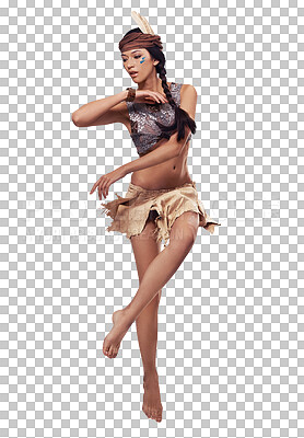 Buy stock photo Isolated woman, native American dance and culture for art, memory or vision by transparent png background. Girl, dancing and model for cosplay, style or indigenous fashion for moving, steps and tribe