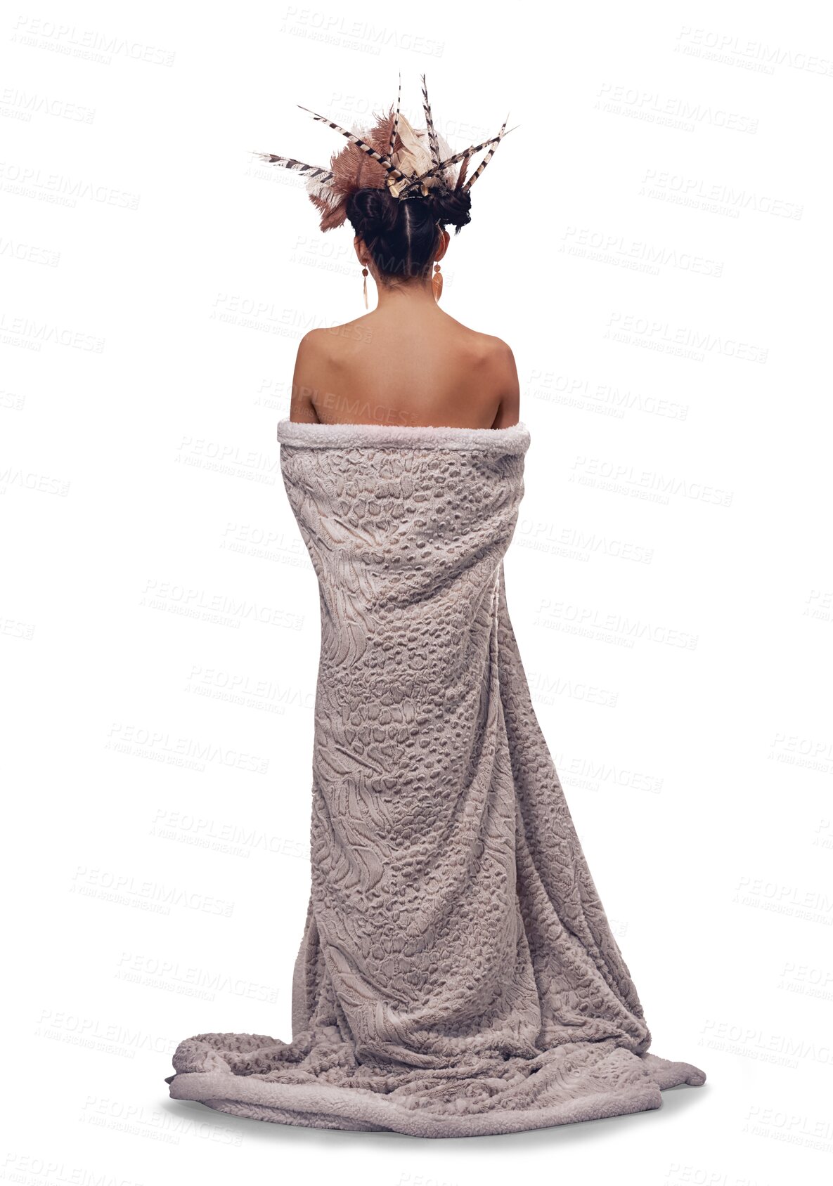 Buy stock photo Woman, back and crown in traditional cloth standing isolated on a transparent PNG background. Rear view of young female person or model posing with blanket, robe or headdress of goddess in fashion