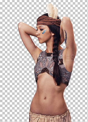 Buy stock photo Woman, Native American fashion and model isolated on transparent png background with beauty, warrior makeup and costume. Indigenous culture, face paint and girl in First Nations clothes, art or style