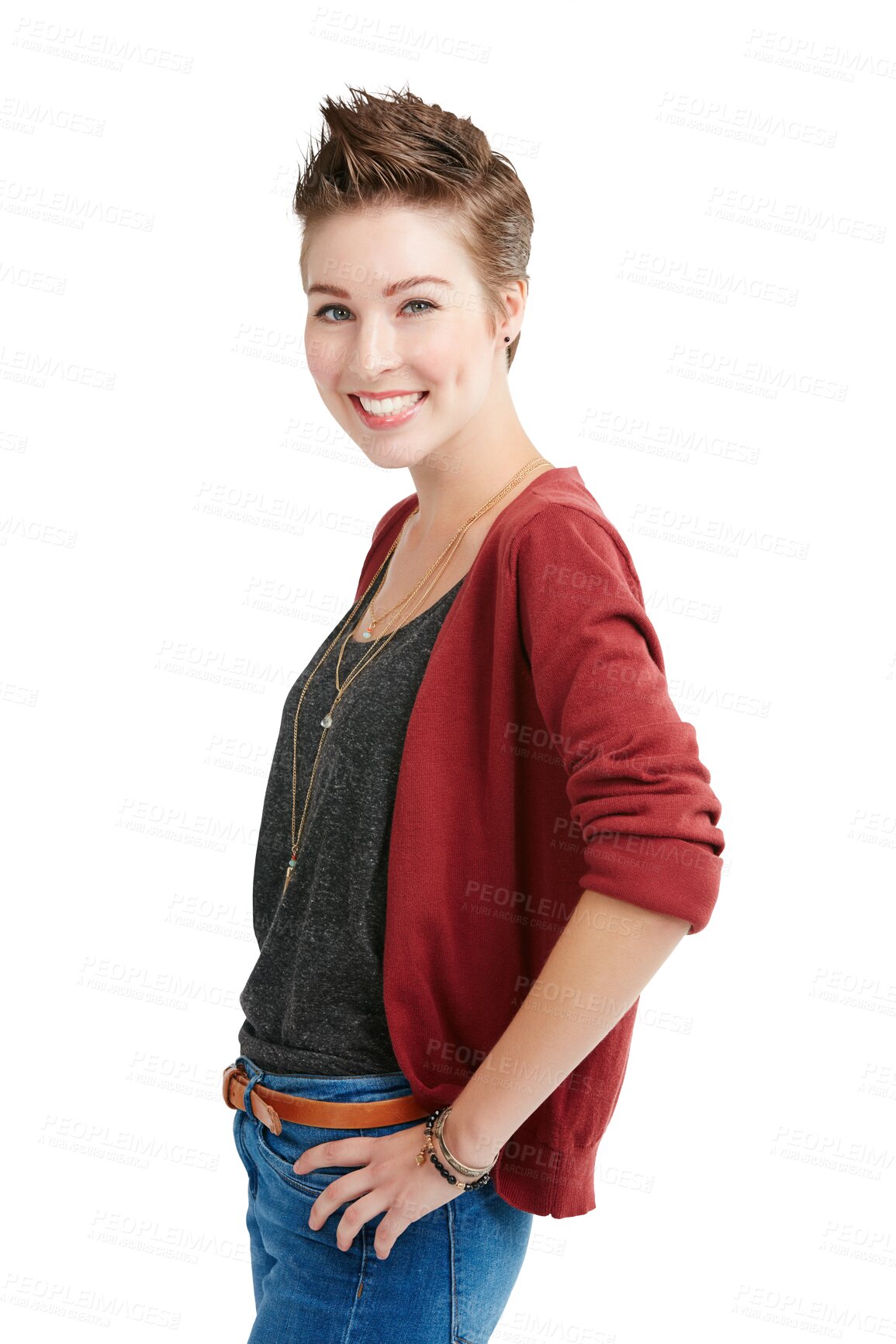 Buy stock photo Fashion, happy and portrait of woman with style on isolated, png and transparent background. Smile, hands on hips and person with confidence, positive attitude and joy in trendy clothes or outfit