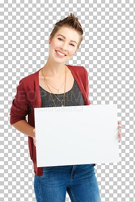 Buy stock photo Isolated woman, blank poster and portrait with smile for promotion, cardboard or news by transparent png background. Girl, person or model with paper, board or sign for review, mockup space and info