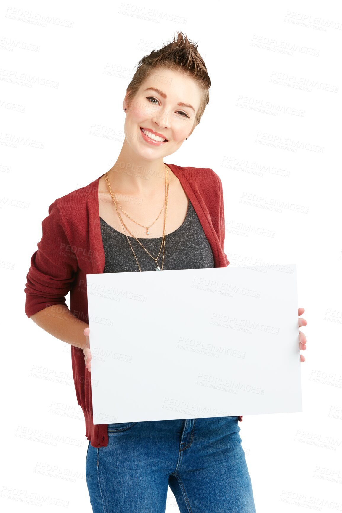 Buy stock photo Isolated woman, blank poster and portrait with smile for promotion, cardboard or news by transparent png background. Girl, person or model with paper, board or sign for review, mockup space and info