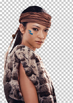 Buy stock photo Portrait on Native American woman in fur isolated on transparent png background with beauty, warrior makeup and fashion. Indigenous culture, face paint and girl in First Nations clothes, art or style