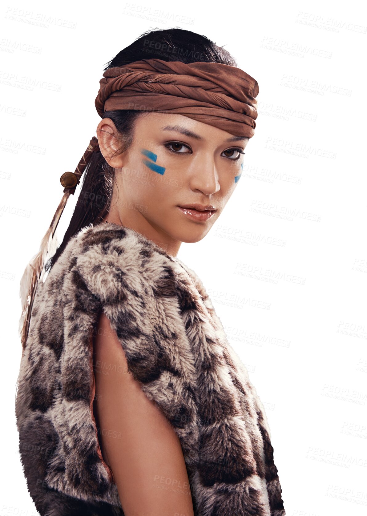 Buy stock photo Portrait on Native American woman in fur isolated on transparent png background with beauty, warrior makeup and fashion. Indigenous culture, face paint and girl in First Nations clothes, art or style