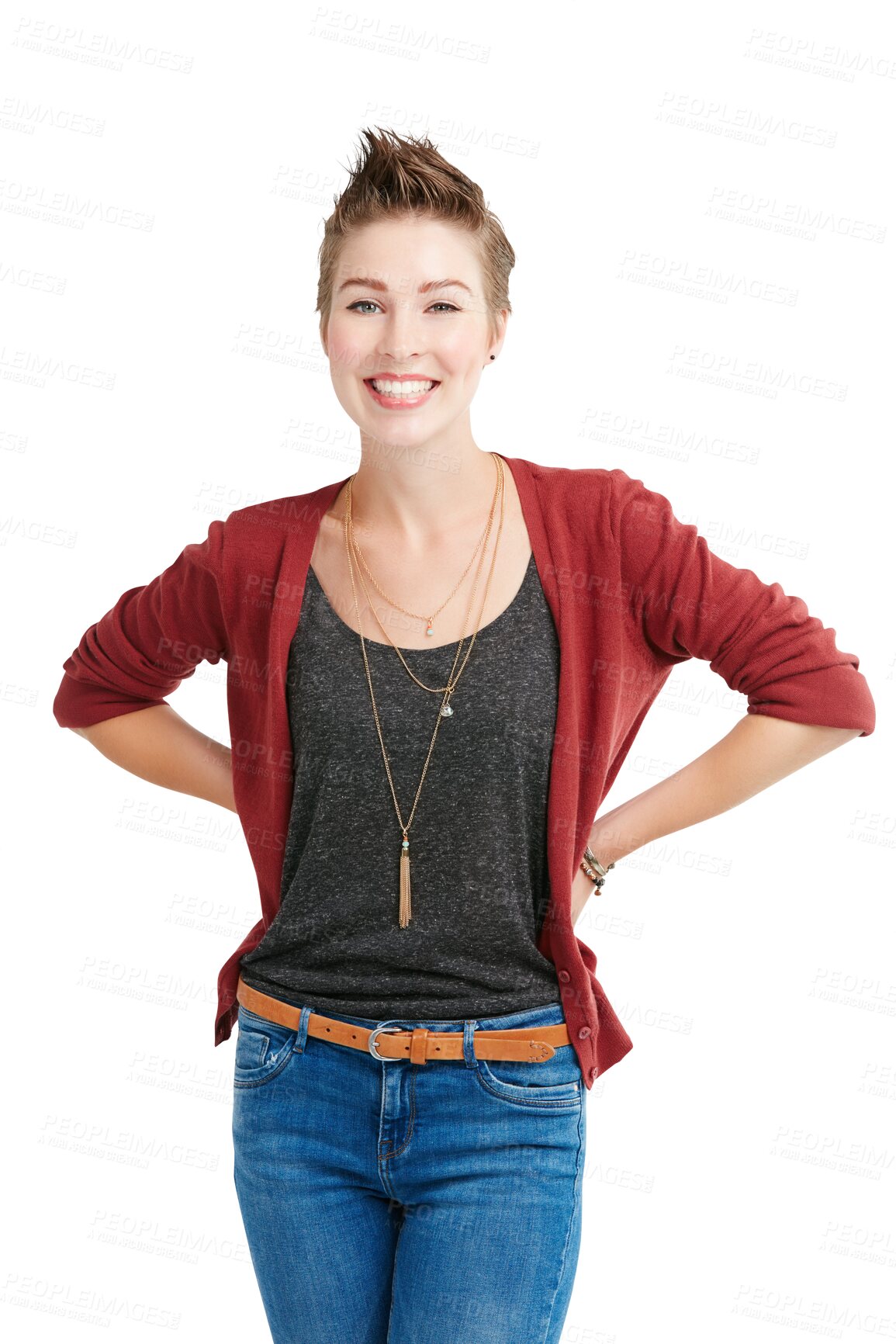 Buy stock photo Fashion, happy and portrait of woman with confidence on isolated, png and transparent background. Smile, hands on hips and person with style, positive attitude and joy in trendy clothes or outfit