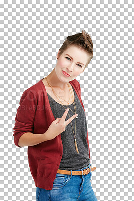 Buy stock photo Fashion, peace sign and portrait of woman with style on isolated, png and transparent background. Freedom, hand gesture and person with confidence, positive attitude and emoji in trendy clothes