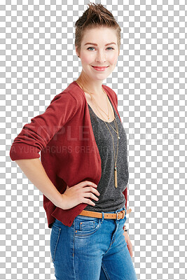 Buy stock photo Fashion, beauty and portrait of woman with style on isolated, png and transparent background. Smile, hands on hips and person with confidence, positive attitude and joy in trendy clothes or outfit