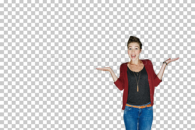 Buy stock photo Happy woman, portrait and palm in surprise, advertising or marketing isolated on a transparent PNG background. Excited female person in casual clothing with hands out for presentation or offers