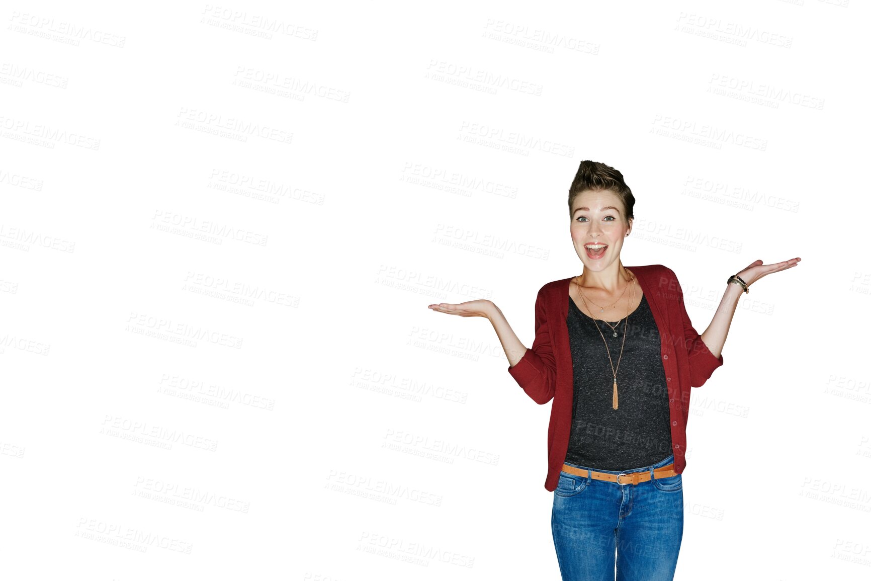 Buy stock photo Happy woman, portrait and palm in surprise, advertising or marketing isolated on a transparent PNG background. Excited female person in casual clothing with hands out for presentation or offers