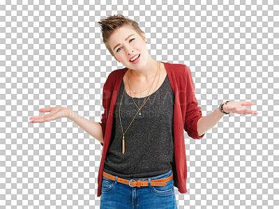 Buy stock photo Isolated woman, open hand and confused in portrait for choice, options and review by transparent png background. Girl, fashion and why with palm for decision, doubt and questions in trendy clothes
