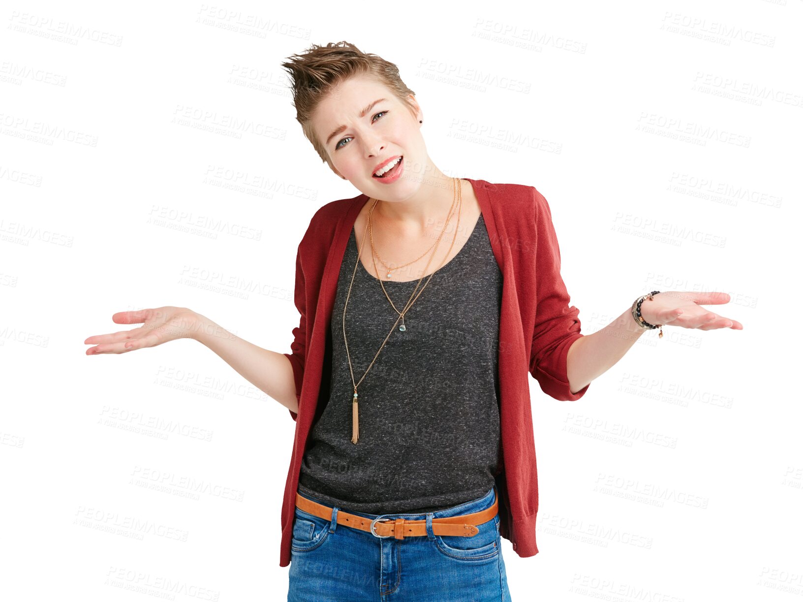 Buy stock photo Isolated woman, open hand and confused in portrait for choice, options and review by transparent png background. Girl, fashion and why with palm for decision, doubt and questions in trendy clothes