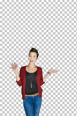 Buy stock photo Woman, portrait and palm for advertising, marketing or standing isolated on a transparent PNG background. Female person or model smile, wave or hands out for presentation, announcement or information