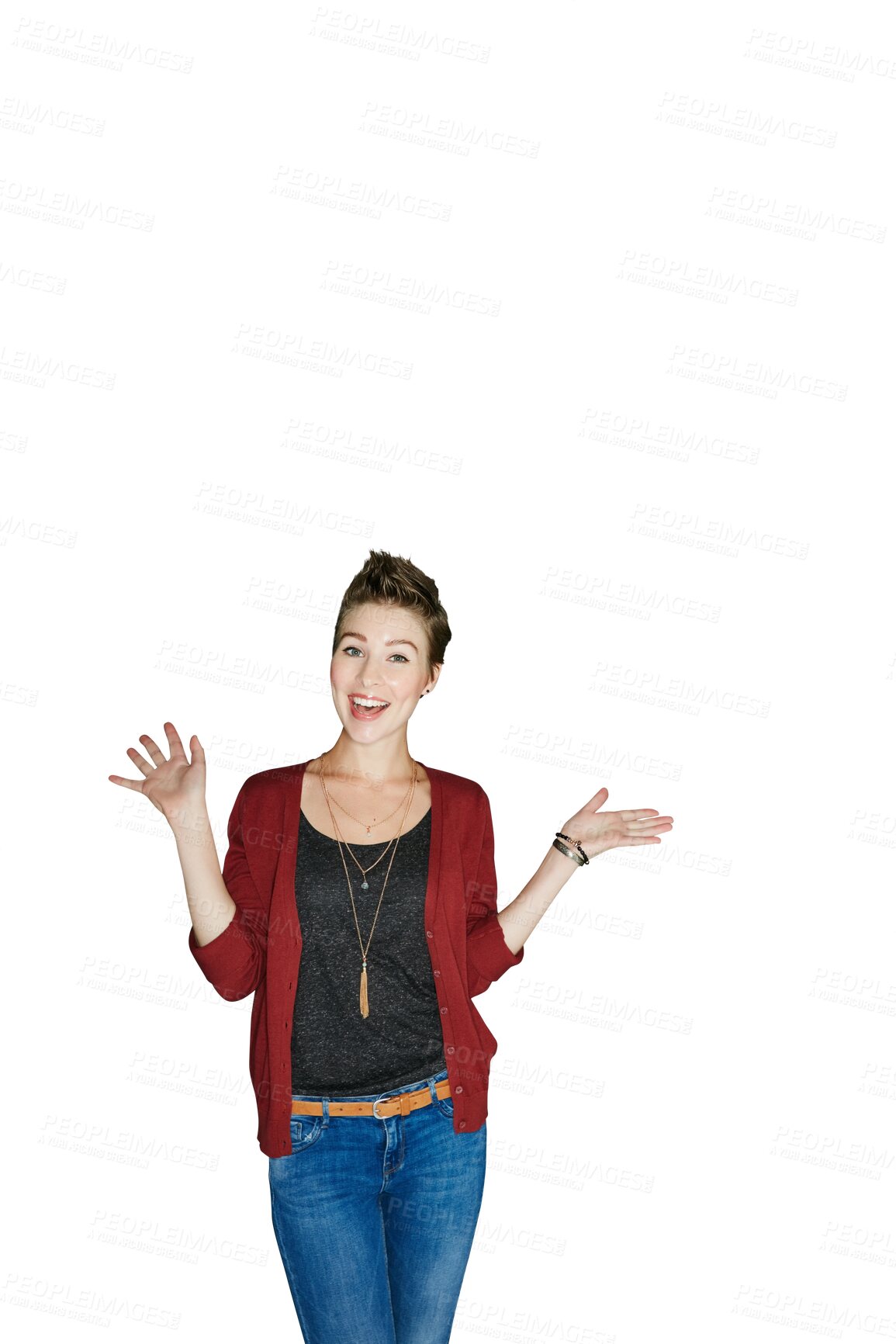 Buy stock photo Woman, portrait and palm for advertising, marketing or standing isolated on a transparent PNG background. Female person or model smile, wave or hands out for presentation, announcement or information