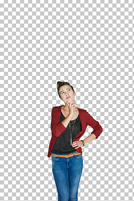Buy stock photo Woman, face and thinking in decision, question or choice isolated on a transparent PNG background. Female person or model in wonder, contemplating or picking for idea, problem solving or solution