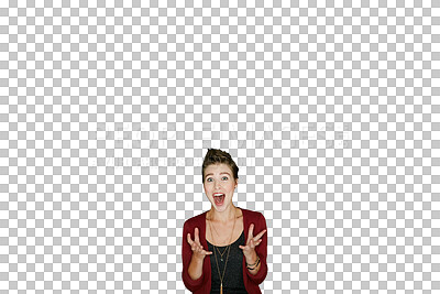 Buy stock photo Happy woman, portrait and surprise in wow for winning, deal or prize isolated on a transparent PNG background. Female person or model smile in shock, bonus or achievement for lottery or good news