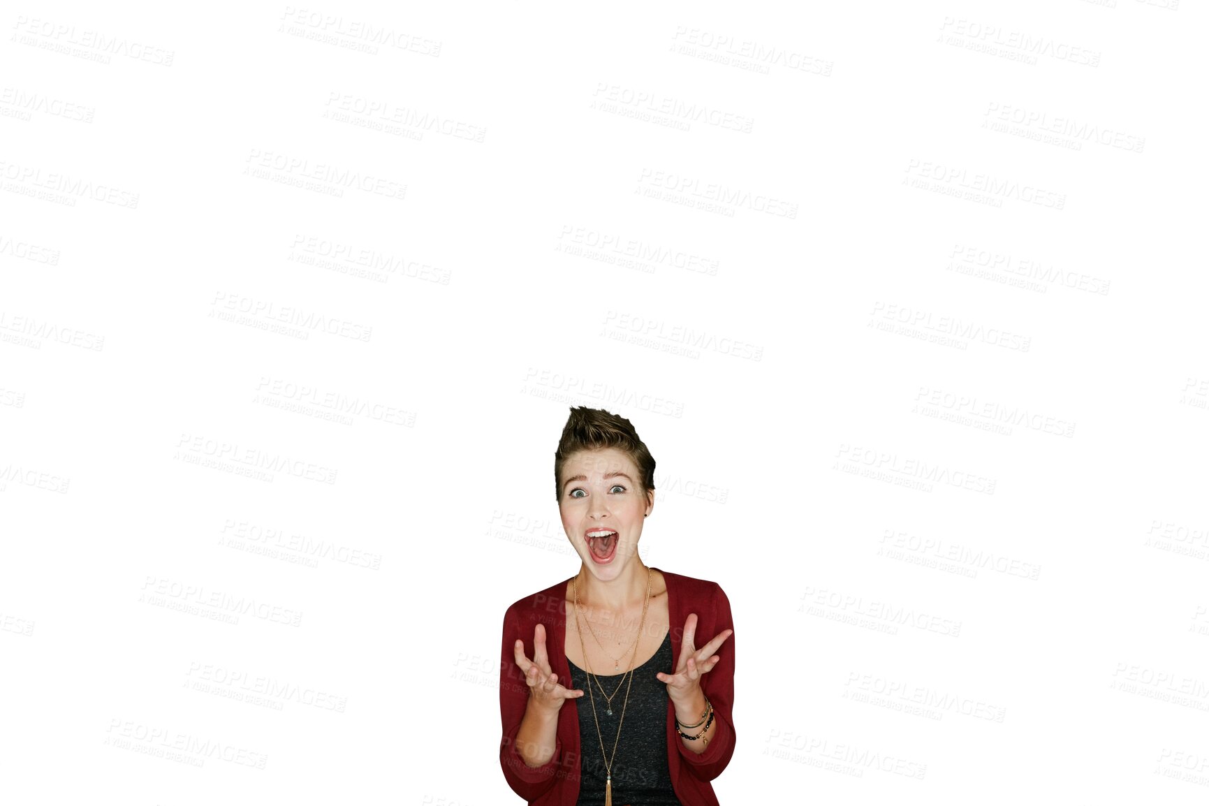 Buy stock photo Happy woman, portrait and surprise in wow for winning, deal or prize isolated on a transparent PNG background. Female person or model smile in shock, bonus or achievement for lottery or good news