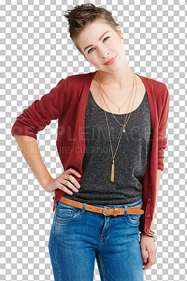 Buy stock photo Fashion, confident and portrait of woman with style on isolated, png and transparent background. Outfit, hands on hips and person with confidence, positive attitude and beauty in trendy clothes