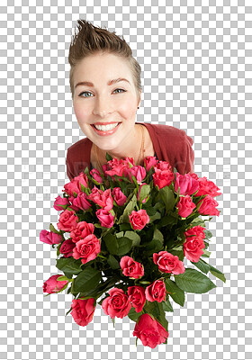 Buy stock photo Isolated woman, bouquet and roses from above, portrait and smile with present by transparent png background. Girl, model and person with flowers, bush and plants with smile for valentines day gift