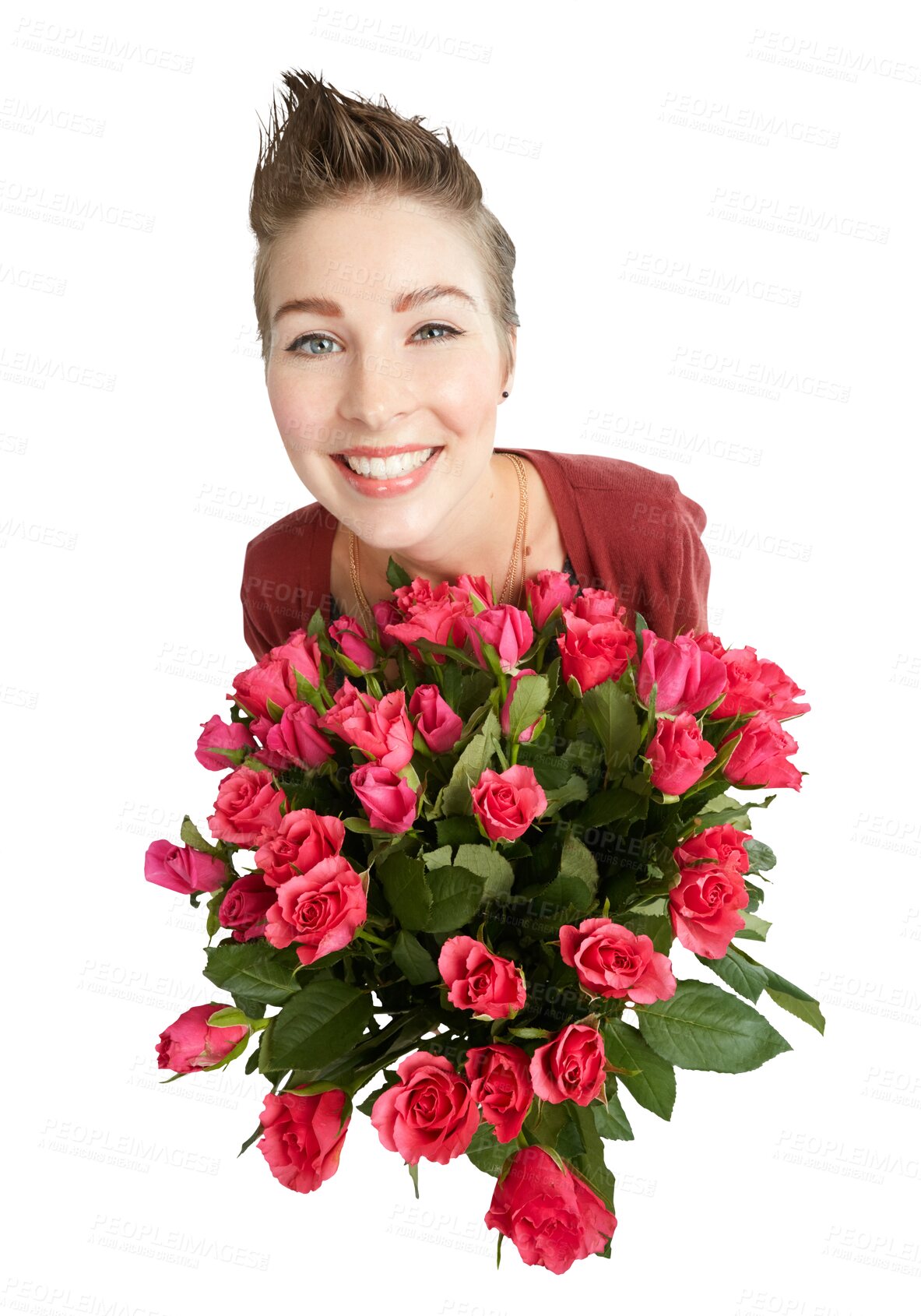 Buy stock photo Isolated woman, bouquet and roses from above, portrait and smile with present by transparent png background. Girl, model and person with flowers, bush and plants with smile for valentines day gift