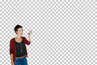 Buy stock photo Smile, portrait and woman with pinch hands on isolated, transparent or png background. Small, size and female model with measuring emoji, gesture or sign for scale, emoji or review, opinion or close
