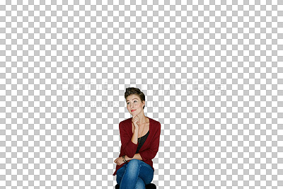 Buy stock photo Thinking, idea woman brainstorming questions on isolated, transparent and png background. Why, face and female model planning, solution or problem solving with emoji guess, memory or forgot gesture