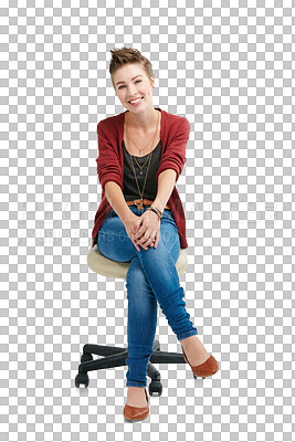 Buy stock photo Fashion, happy and portrait of woman on chair on isolated, png and transparent background. Smile, causal style and person with confidence, positive attitude and joy in trendy clothes or outfit