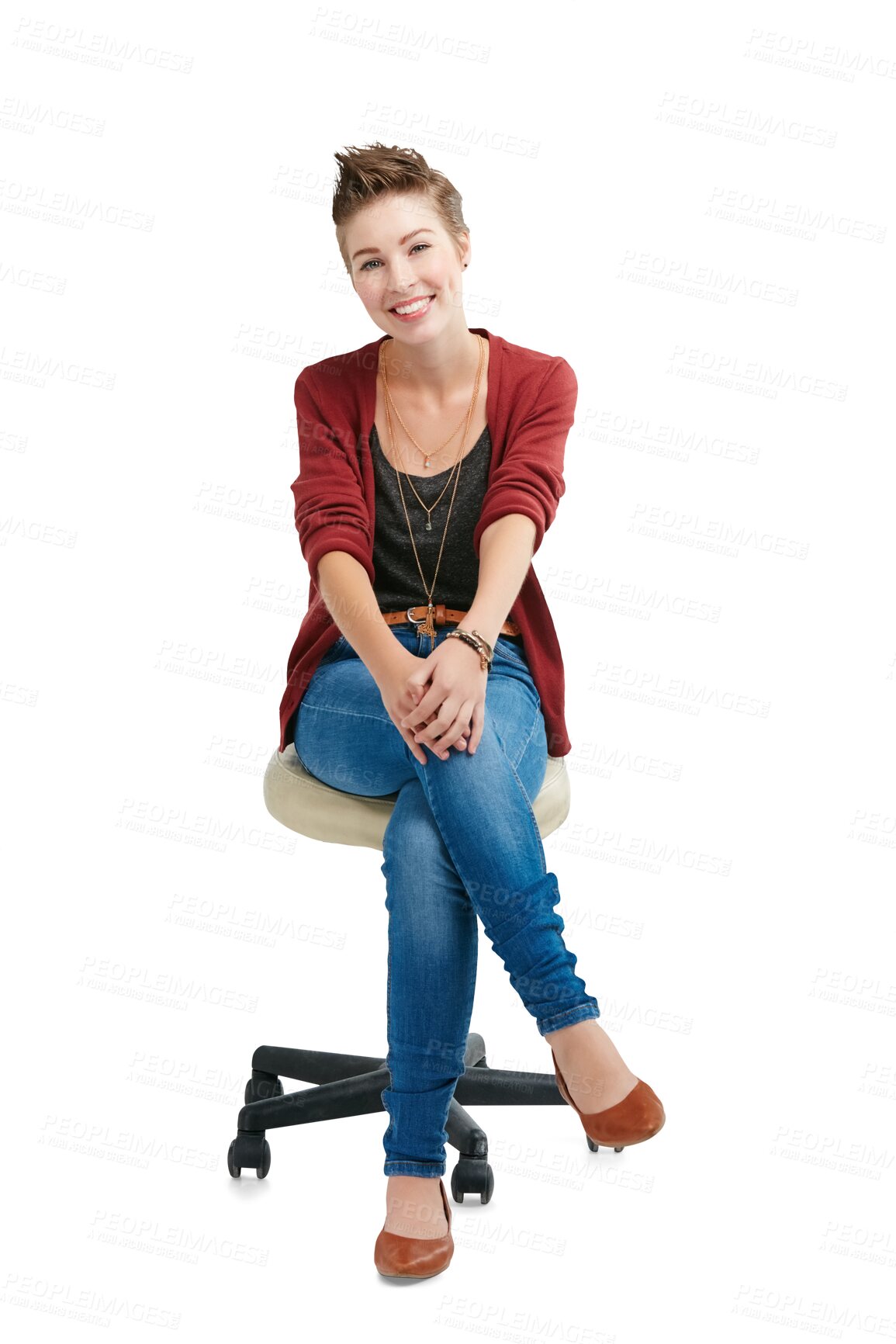 Buy stock photo Fashion, happy and portrait of woman on chair on isolated, png and transparent background. Smile, causal style and person with confidence, positive attitude and joy in trendy clothes or outfit
