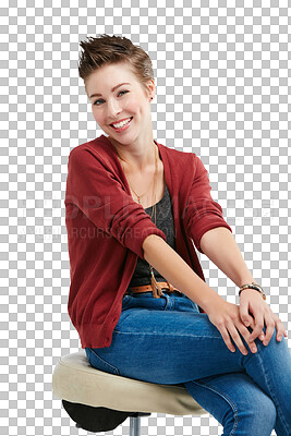 Buy stock photo Fashion, chair and portrait of woman with style on isolated, png and transparent background. Smile, happy and person with confidence, positive attitude and joy in trendy clothes and casual outfit