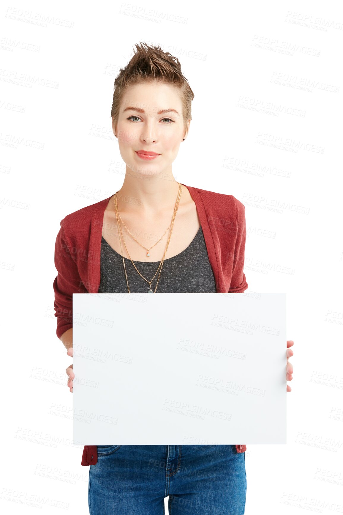 Buy stock photo Isolated woman, blank sign and portrait with fashion for promotion, cardboard or news by transparent png background. Girl, person or model for paper, board or poster for review, mockup space and info
